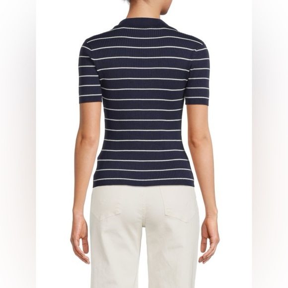 Laundry By Shelli Segal Striped Knit Polo Sweater M SS Navy White Scallop Neck - Picture 5 of 7